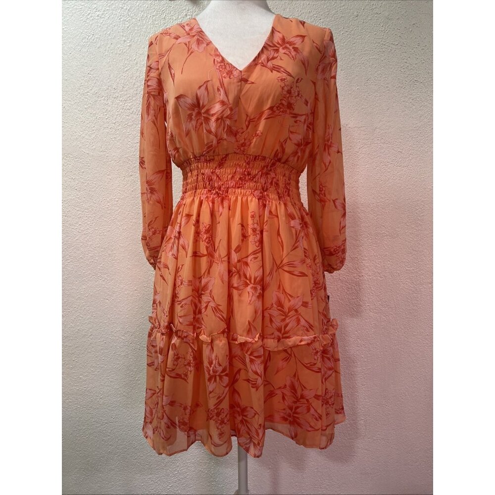 Taylor Mini Dress Tiered Hem V Neck.smocked Waist Coral Paprika thanksgiving‎